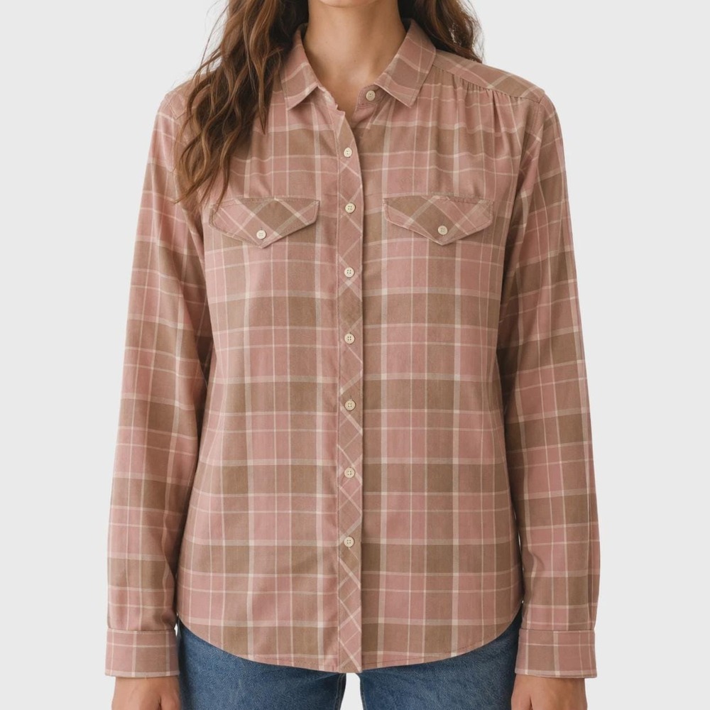 70s Vintage Plaid Blouse Womens L Pink Brown Button Front Cowgirl Western Top